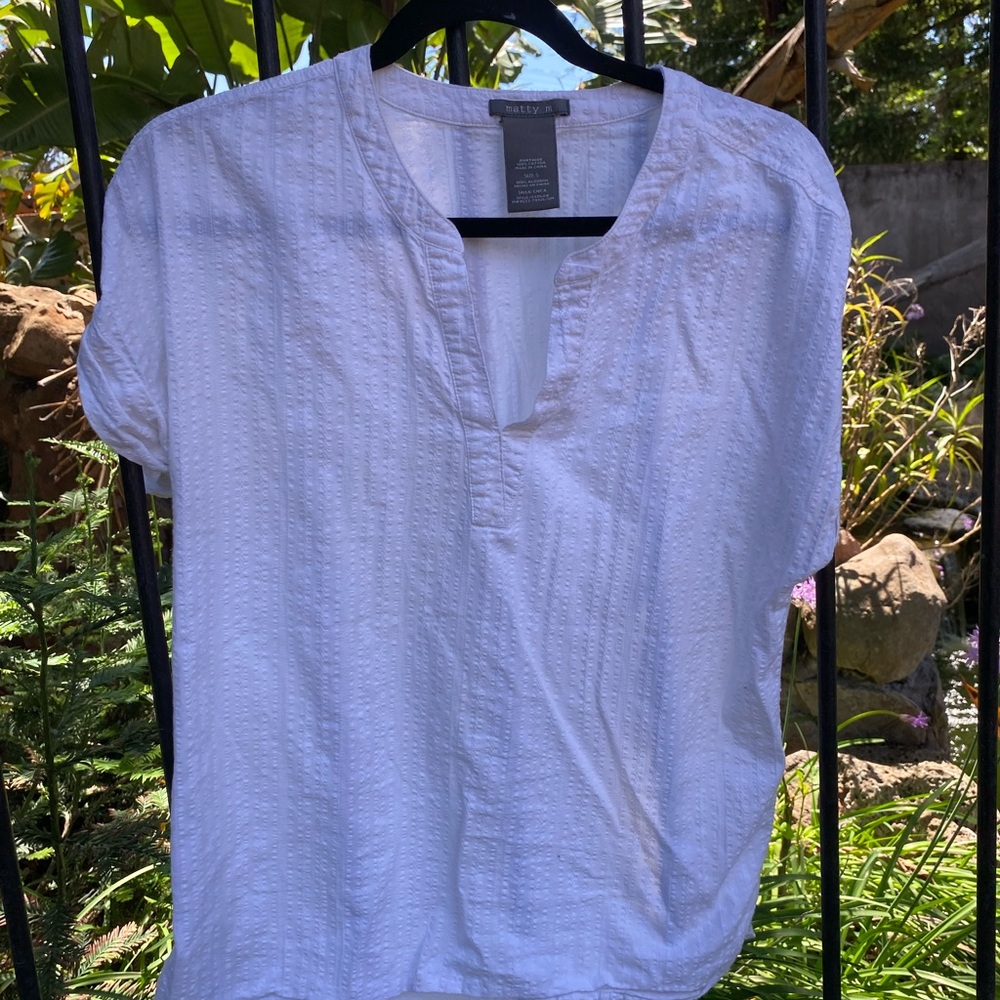 Matty M White Short-Sleeve Textured V-Notch Top